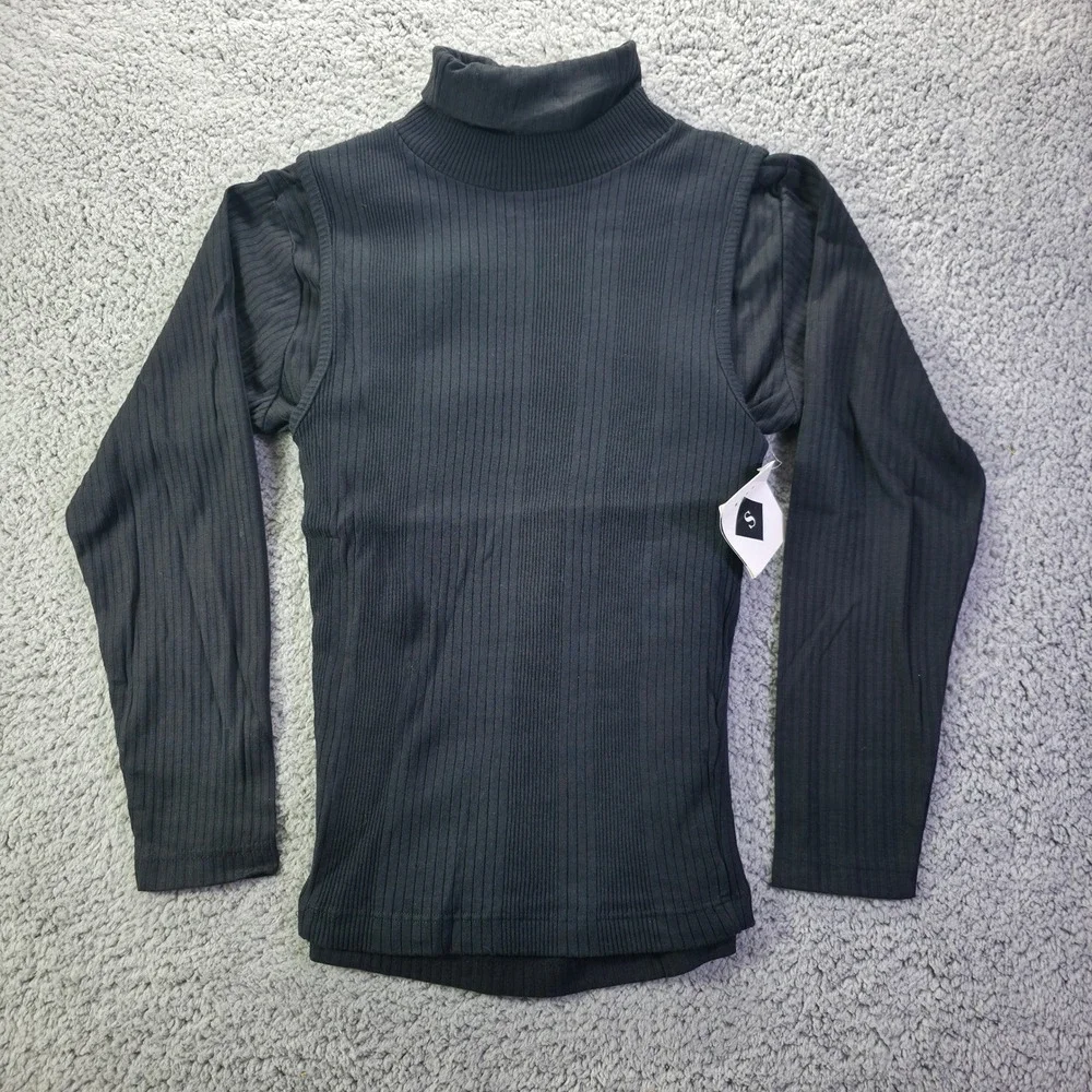 B.E. Womens Ribbed Turtleneck Top Black Long Sleeve Cotton Blend Size Small